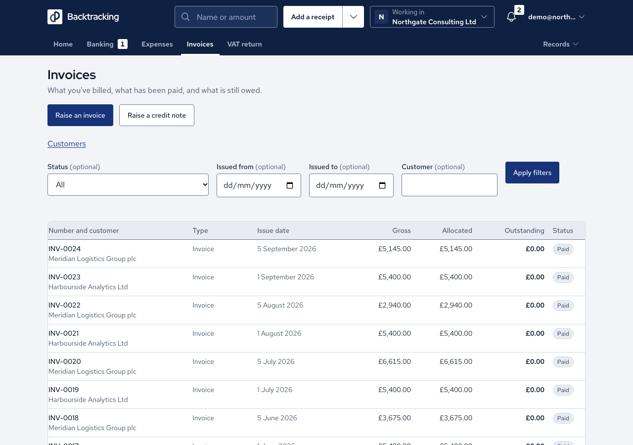 The invoice register at 1280